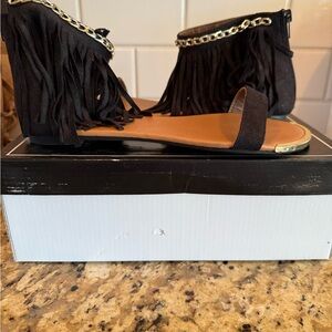 NWT, still in box Western rodeo fringe zip up black suede strap sandals size 8.5